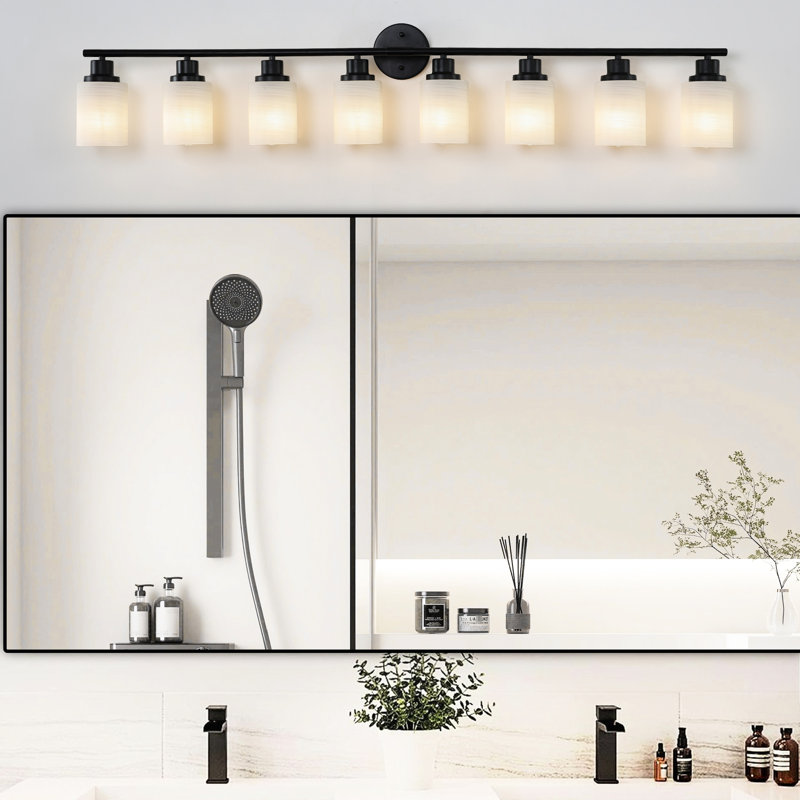 8- Vanity For Bathroom, Bedroom, Dressing Room, Frosted White Glass & Black Iron Frame, Energy Saving, Quick Installation Modern Bathroom Mirror , And Easy Conclusion