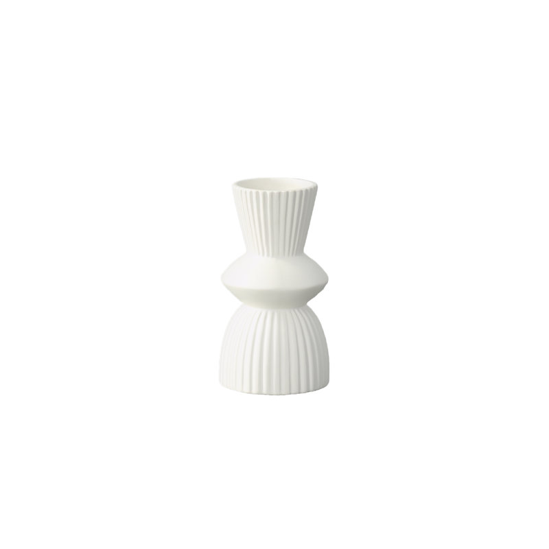 Ceramic Round Vase with Trumpet Mouth and Debossed Line Column Design Body on Base LG Matte Finish White..4.50"x4.50"x8.00"H