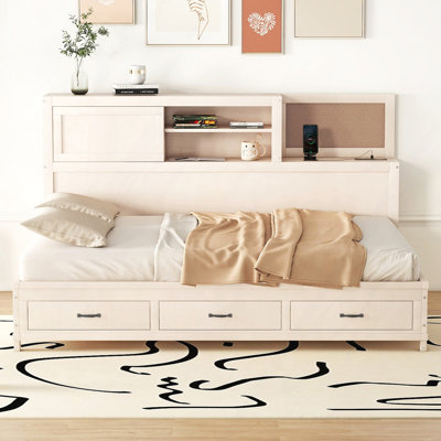 Lit de jour en bois avec 3 tiroirs de rangement, tableau souple supérieur, tablette et ensemble de prises et ports USB