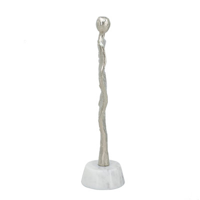 12" Abstract Aluminum Male Figurine on White Marble Stand, Silver/White Modern Decor (3.5"x3")