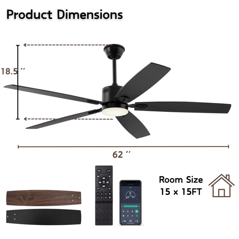 62" Modern Smart Large Ceiling Fan with Dimmable 3CCT LED Lights, 6-Speed Reversible DC Motor, Timer, Remote & App Control