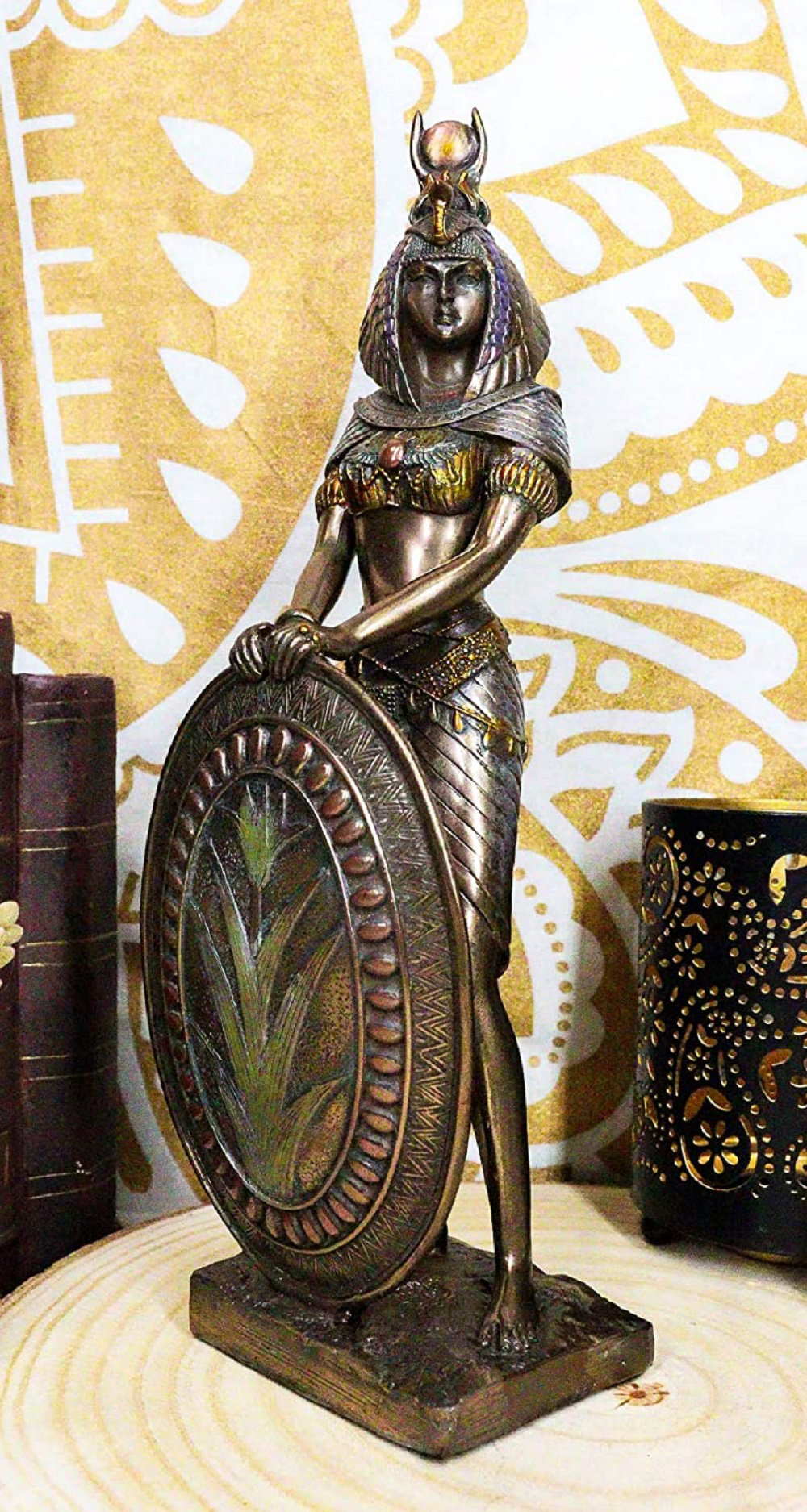 Ebros Egyptian Themed Isis Holding Shield Goddess of Magic and Nature Bronz Ebros Gift Egyptian Goddess Mother Isis Ra Holding Ankh Decorative Figurine  9\" H