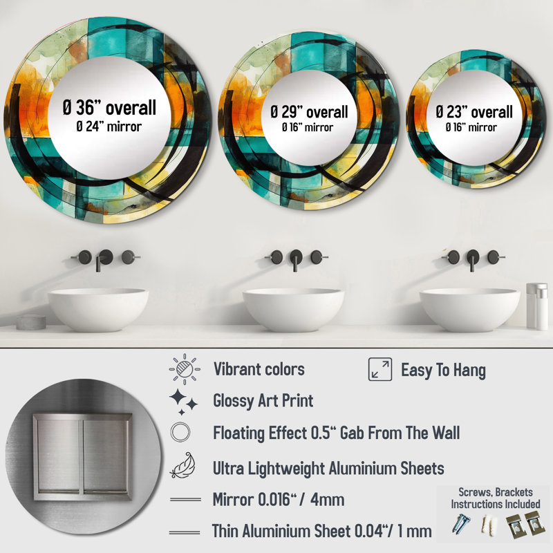 Orange Abstracted Geometric Explorations V - Modern Geometric Round Mirror Wall Decor_MTMIR61561, 36 po x 36 po