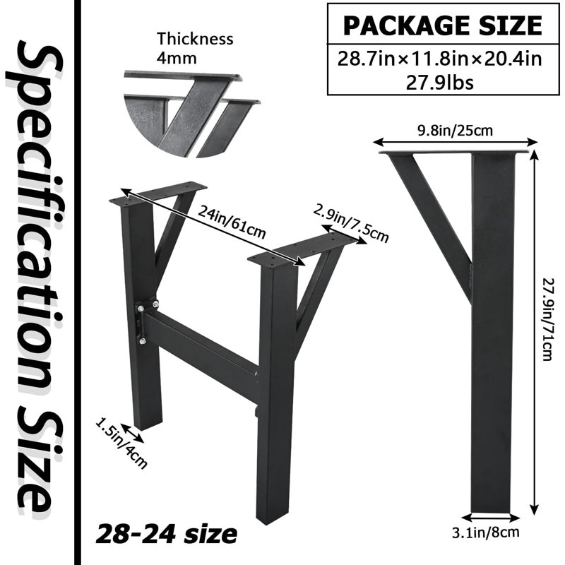 Pied de table en acier H 28 po x l 24 po