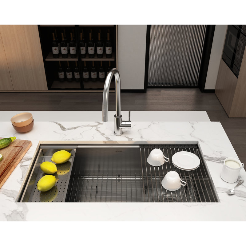 Évier de cuisine encastré à simple cuve en acier inoxydable 36 po x l 19 po avec robinet de cuisine, Nickel brossé