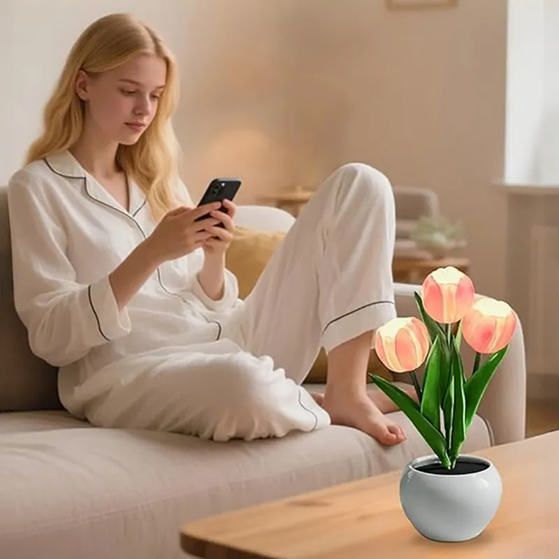 Lampe de tulipe à DEL, réplique de lampe de table à fleurs avec vase (usb-powe) - Pour la maison / le salon / le décor de bureau, appui long sur la luminosité réglable (effet respirant)