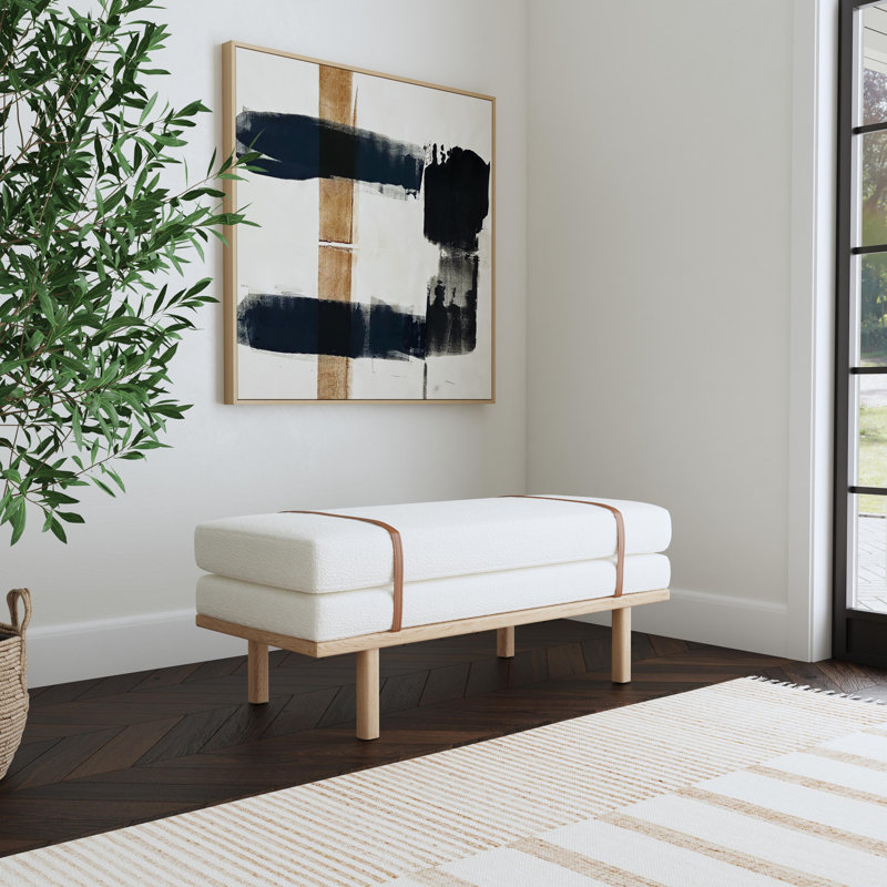 Banc rembourré Azayvion avec base en bois, Crème Boucle