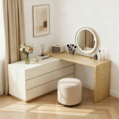 Extendable Dressing Table with Drawers - Wooden Vanity Desk L-Shaped, 6 Drawers