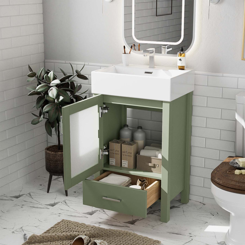 Meuble-lavabo de 20 pouces avec lavabo en céramique et beaucoup de rangement - idéal pour les petites salles de bain, vert