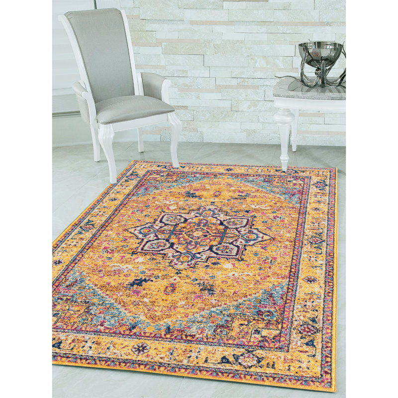 Tapis oriental orange / bleu / jaune, Rond 7 pi 10 po