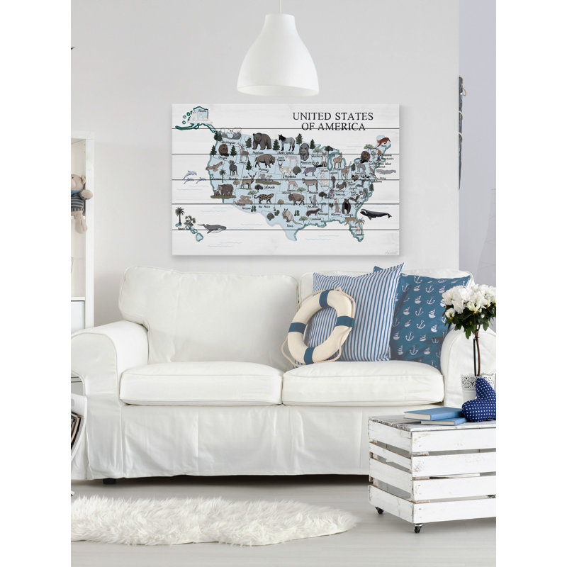 «Blue Animals Map», reproduction sur bois blanc, H 8 po x l 12 po x P 1,5 po