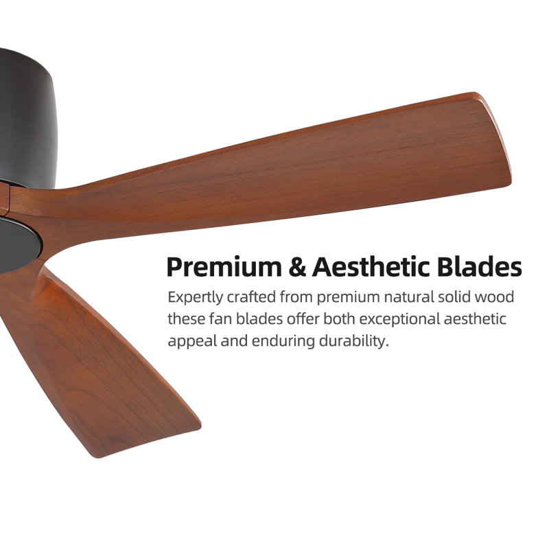 Solid Wood Blades Dc Flush Mount Ceiling Fan With Remote, 48" Wide, Black, Walnut