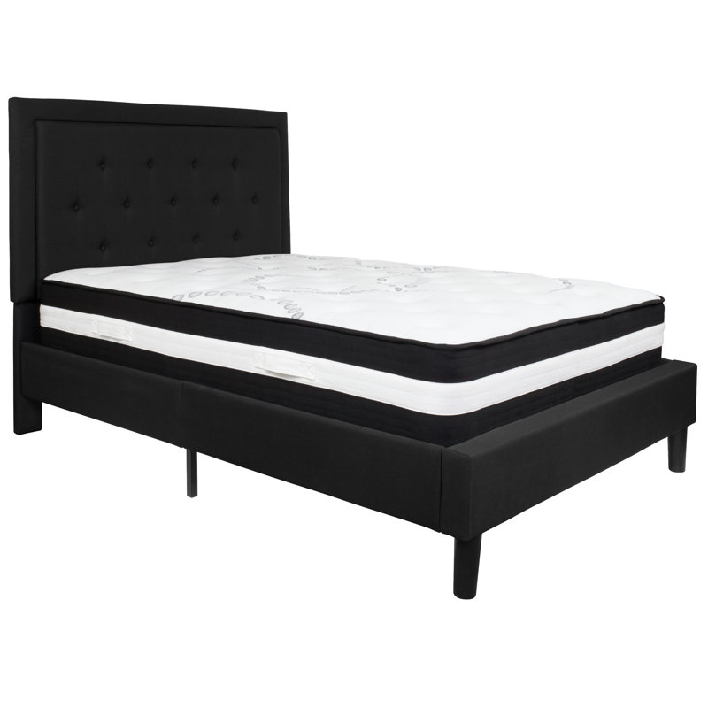 Aluino Panel Tufted Upholstered Platform Bed and Pocket Spring Mattress, Full, Black