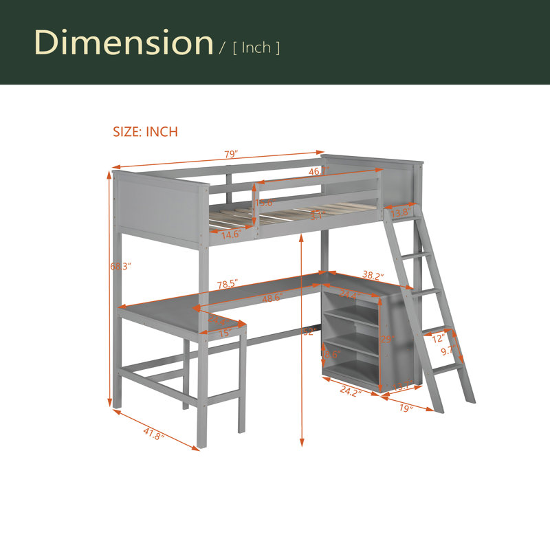 Lit mezzanine simple avec tablettes et bureau, Gris