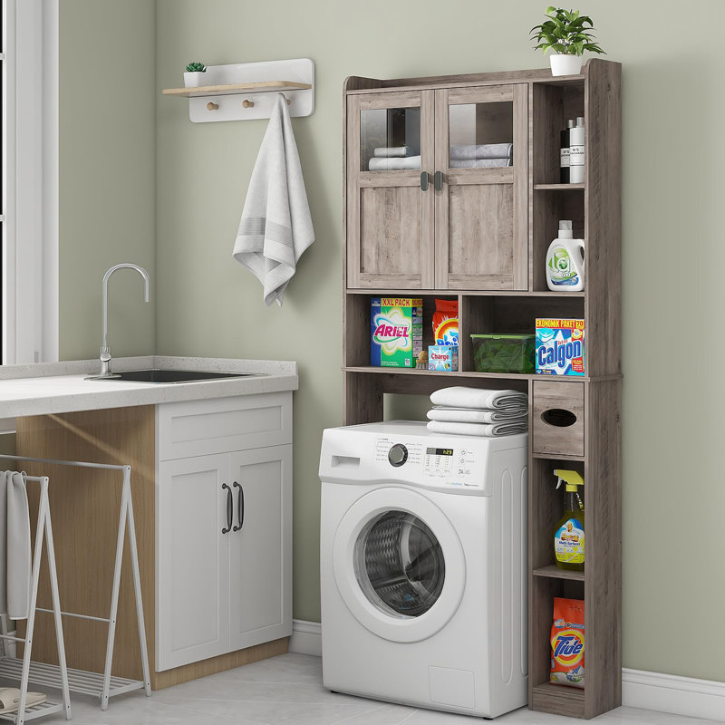 Gray Over-the-Toilet Storage Cabinet with Glass Doors and Adjustable Shelves