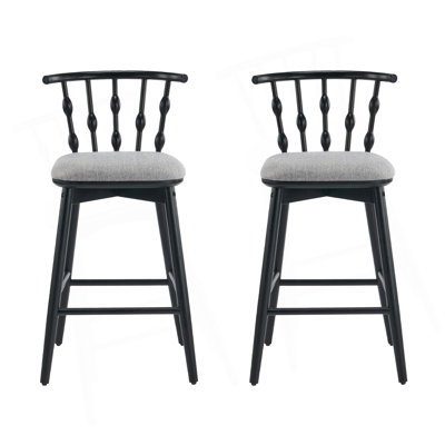 Doria Indoor Wooden Barstool, Black Finish With Grey Upholstery, Set Of 2