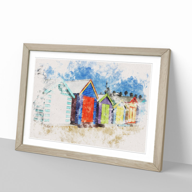 Colourful Beach Huts - Picture Frame Painting, Oak, 65cm H x 90cm W x 2cm D