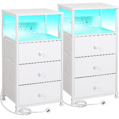 Night Stand Set 2, Led Nightstand With Charging Station, End Tables With Storage Shelf, Bed Side Table With 3 Fabric Drawers For Bedroom, Small Spaces