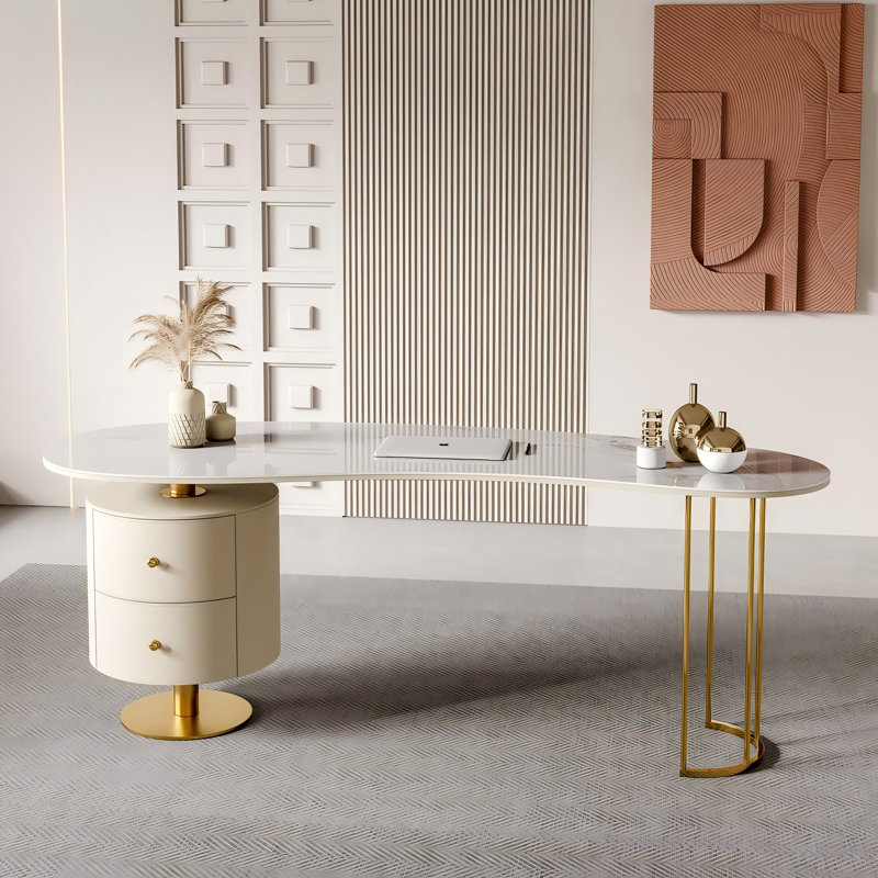 Bureau d'écriture en pierre frittée beige 55,12 ", 2 tiroirs, H 29,53 po x l 55,12 po x P 23,62 po