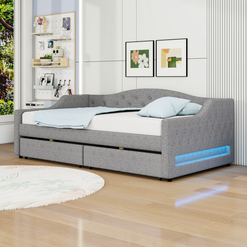 Twin XL 2 Drawers Upholstered Daybed with LED Belt, Gray