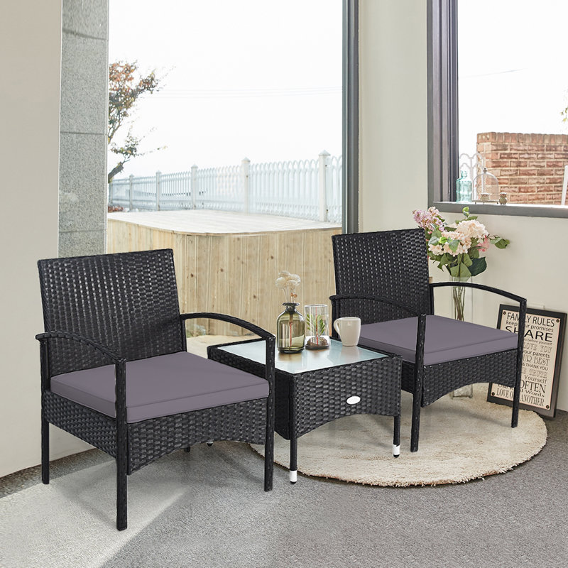 Ensemble de conversation de patio en rotin avec coussins 3 pièces, Gris