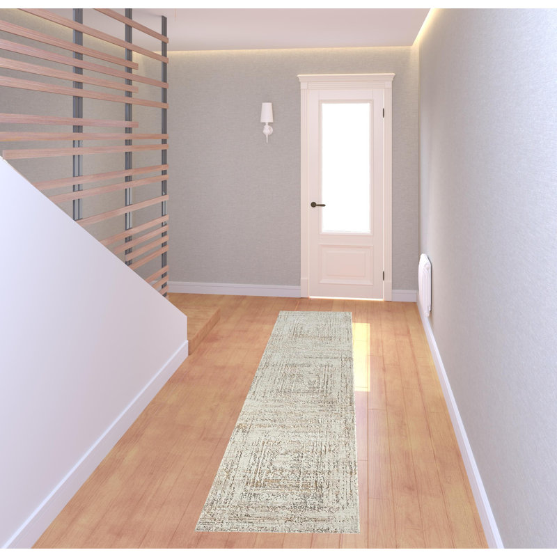 Tapis abstrait en polyester / polypropylène beige / gris tissé à la machine, Tapis de couloir 2 pi x 8 pi
