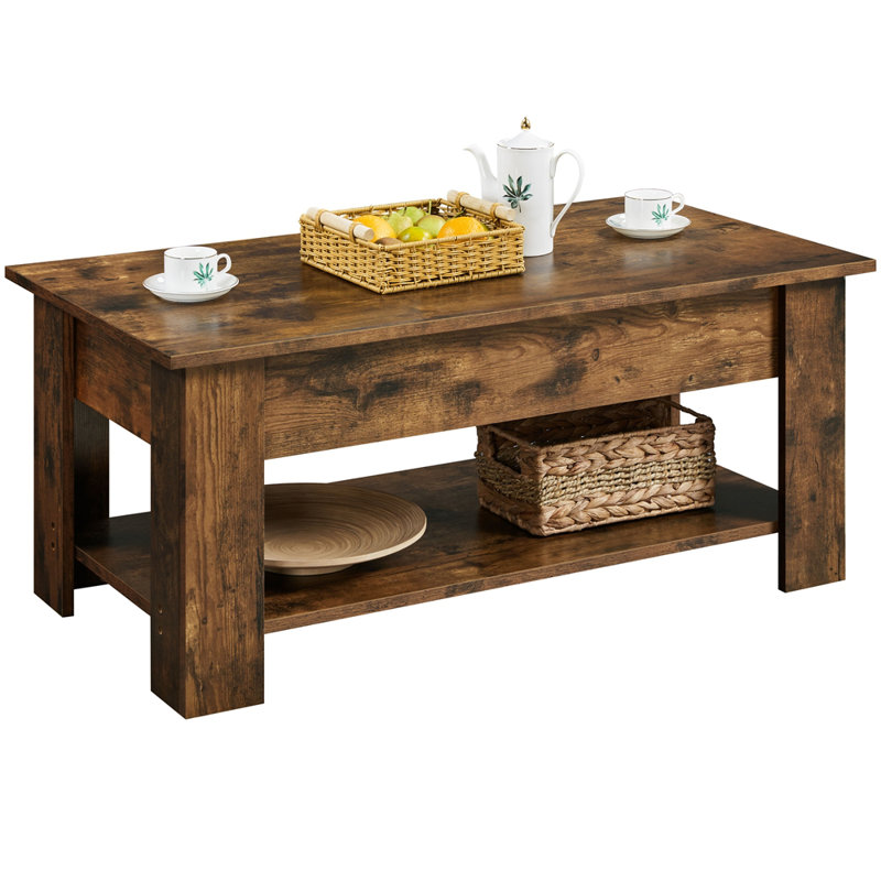 Lift Top Four Leg Coffee Table with Storage, 63.5cm H x 120cm L x 59cm W, Rustic Brown