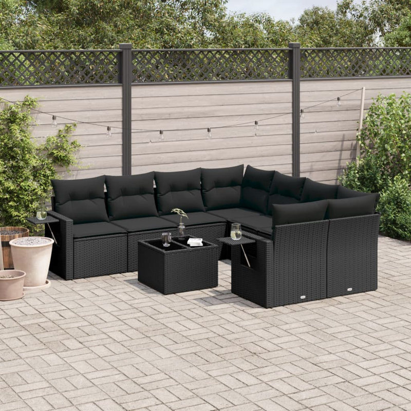  Ensemble de canapé de jardin en rotin PE noir, acier thermolaqué, verre trempé, Noir, Noir