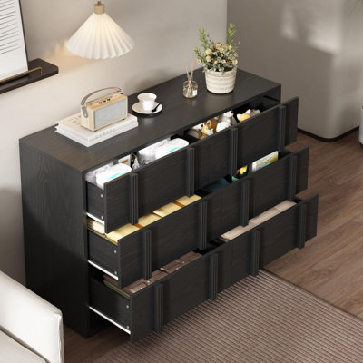 47.2" Wood TV Stand with 6 Drawers, Media Console Fits Up to 55 Inch TV, Modern Entertainment Cabinet with Anti-Tip Kit for Living Room, Bedroom & Entryway, Black