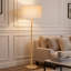 Lampadaire moderne de 155 cm en bois massif naturel avec abat-jour cylindrique en lin beige, certifié cULus, idéal pour le salon, la chambre, le bureau ou la salle d'étude.-133585400-135377061