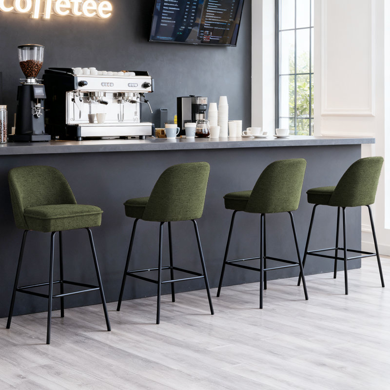 Padded Fabric Upholstered Bar Stools with Footrest Spring Cushion , Green