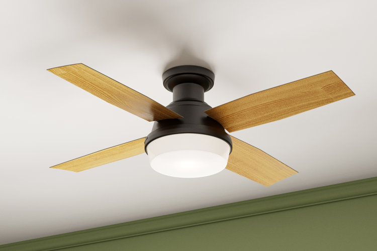 ceiling fan with a black metal base, wood blades, and a white glass light