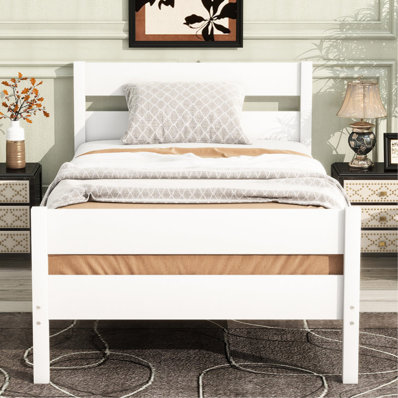 Lit simple blanc avec tête de lit en bois d'hévéa et, idéal pour la vie, espace de rangement maximal, attrait rustique parfait pour les petits espaces de vie, ambiance de chambre apaisante, assemblage rapide