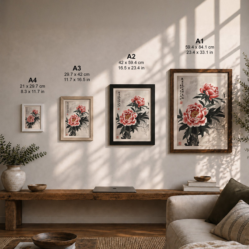 Blooming Peonies Japandi - Framed Print, A2 - 59.4 x 42.0 cm, Walnut