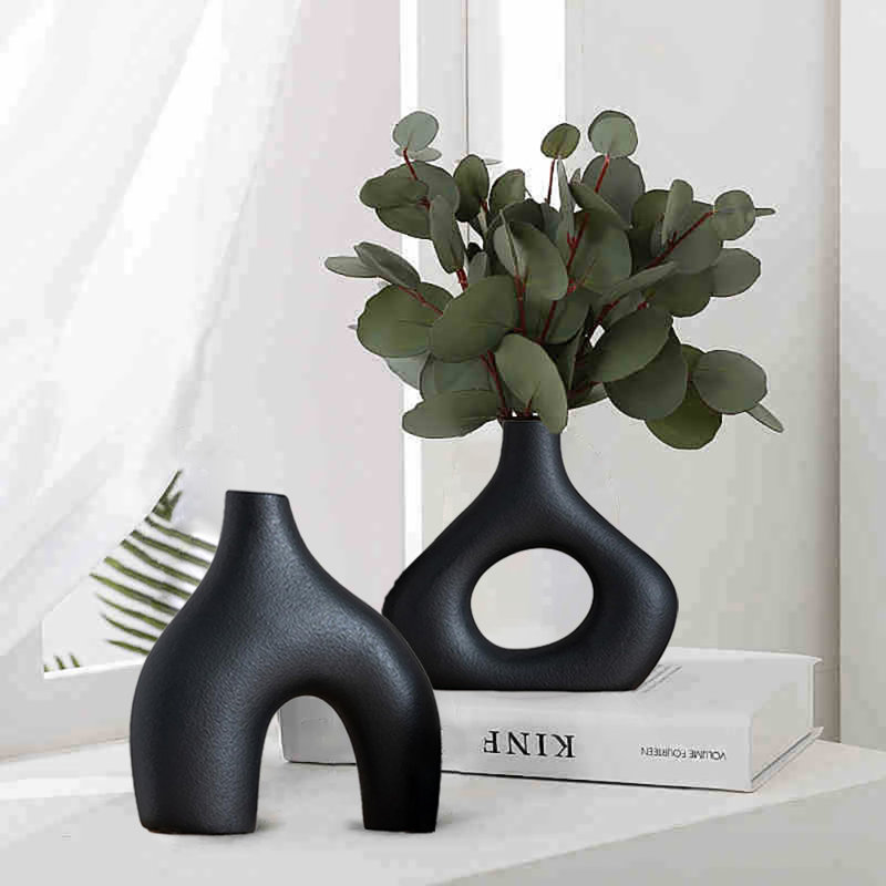 Vase en céramique, style minimaliste bohème nordique, ensemble de 2, Noir, noir, noir, noir