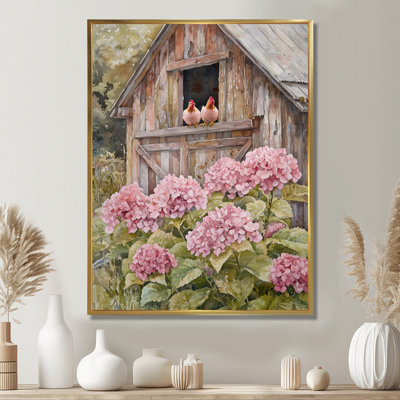 «Drayvon Hydrangeas And Chickens In The Yard I», reproduction sur toile encadrée