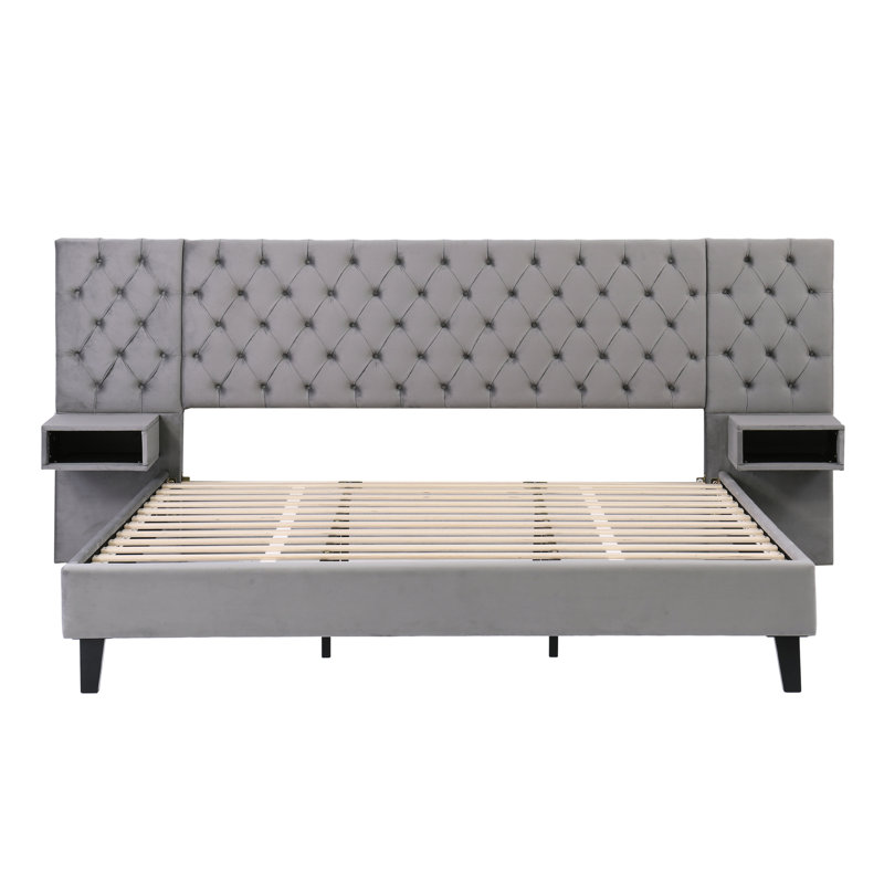 Très grand lit plateforme avec tête de lit - Revêtement en velours gris, 2 tables de chevet, diamant, sans sommier, fabrication en bois, assemblage sans effort