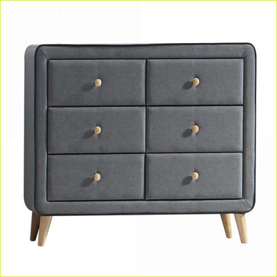 Dresser, Mid-Century 6-Drawer Double with Light Grey Upholstery | Light Grey | Wood+Fabric