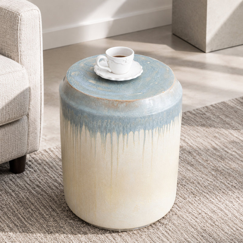 Tabouret de jardin rond en céramique avec table d'appoint et émail réactif, bleu et crème, 35,2 x 35,2 x 47,8 cm