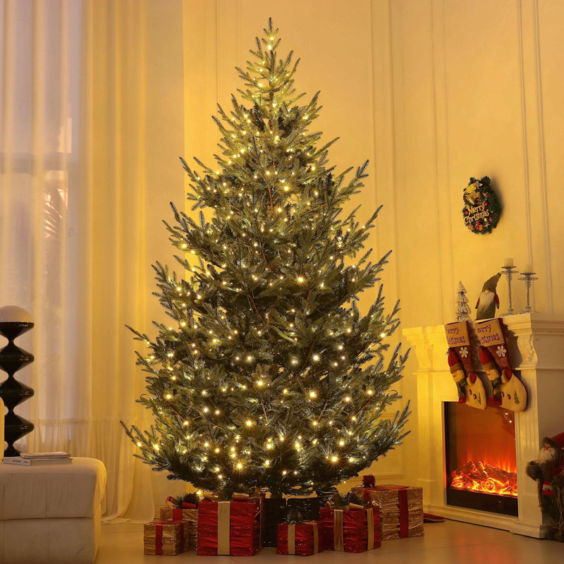 Arbre de Noël artificiel pin 9 pi, pin artificiel nordique avec 300 lumières DEL bicolores et branches de 1939, arbre de Noël articulé à base large