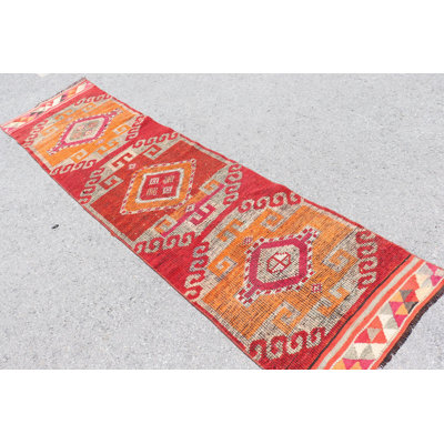 Traditional Handwoven Turkish Herki Runner Rug in Vibrant Red for Kitchen and Home Decor