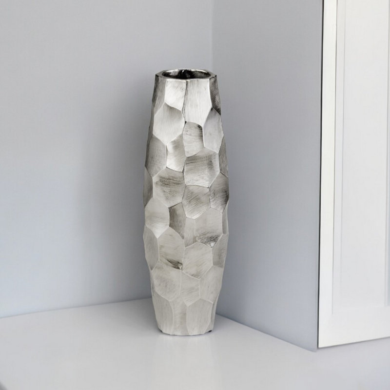 Aranzazu 14" Aluminum Silver Faceted Geometric Cylinder Table Vase
