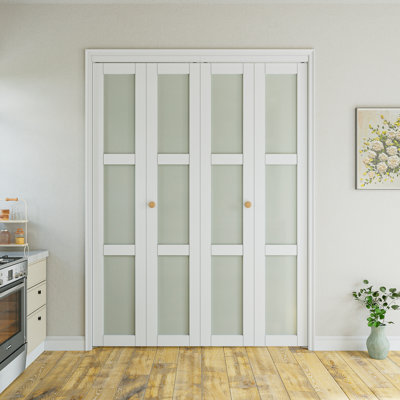 Classical 3-Lite Tempered Frosted Glass Solid Core Paintable Primed Bi-fold Doors with Installation Hardware Kit