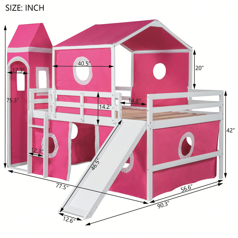 Lit mezzanine avec tente coulissante et tour, Rose