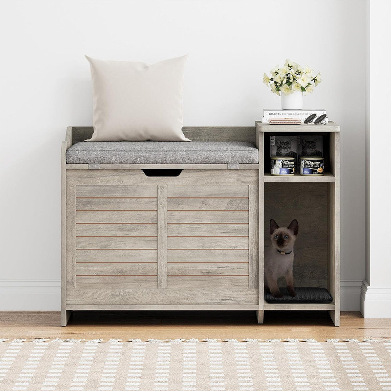 Cat Box Cabinet 2-in-1, Hidden Litter Box Furniture with Storage&Cushion, Cat Litterbox Furniture with Door, Indoor Wooden Covered Cat House for Hallways, Bedrooms