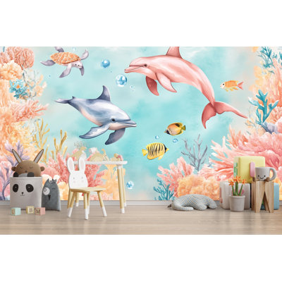 Colorful Dolphin Wall Mural – Ocean Underwater Kids Wallpaper With Fish & Coral