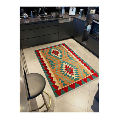 Rio Collection Green Orange Ethnic Pattern Detailed Woven Base Decorative Machine Washable Rug