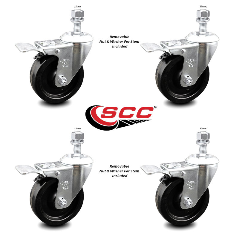 Ensemble de roulettes à tige filetée pivotante 4 pouces 12 mm avec frein Total Lock