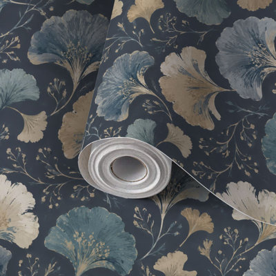 Papier de contact à peler et coller avec feuilles de ginkgo élégantes, feuilles de bleu, beige, botanique, auto-adhésif et amovible, 17,7 po x 118 po (45 x 300 cm)