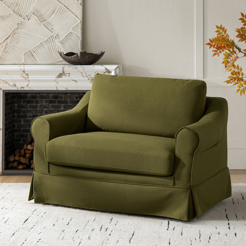 Estevan 50.75"W Farmhouse Slipcovered Oversized Chair and a Half Armchair with Feather Blended Cushion, Moss